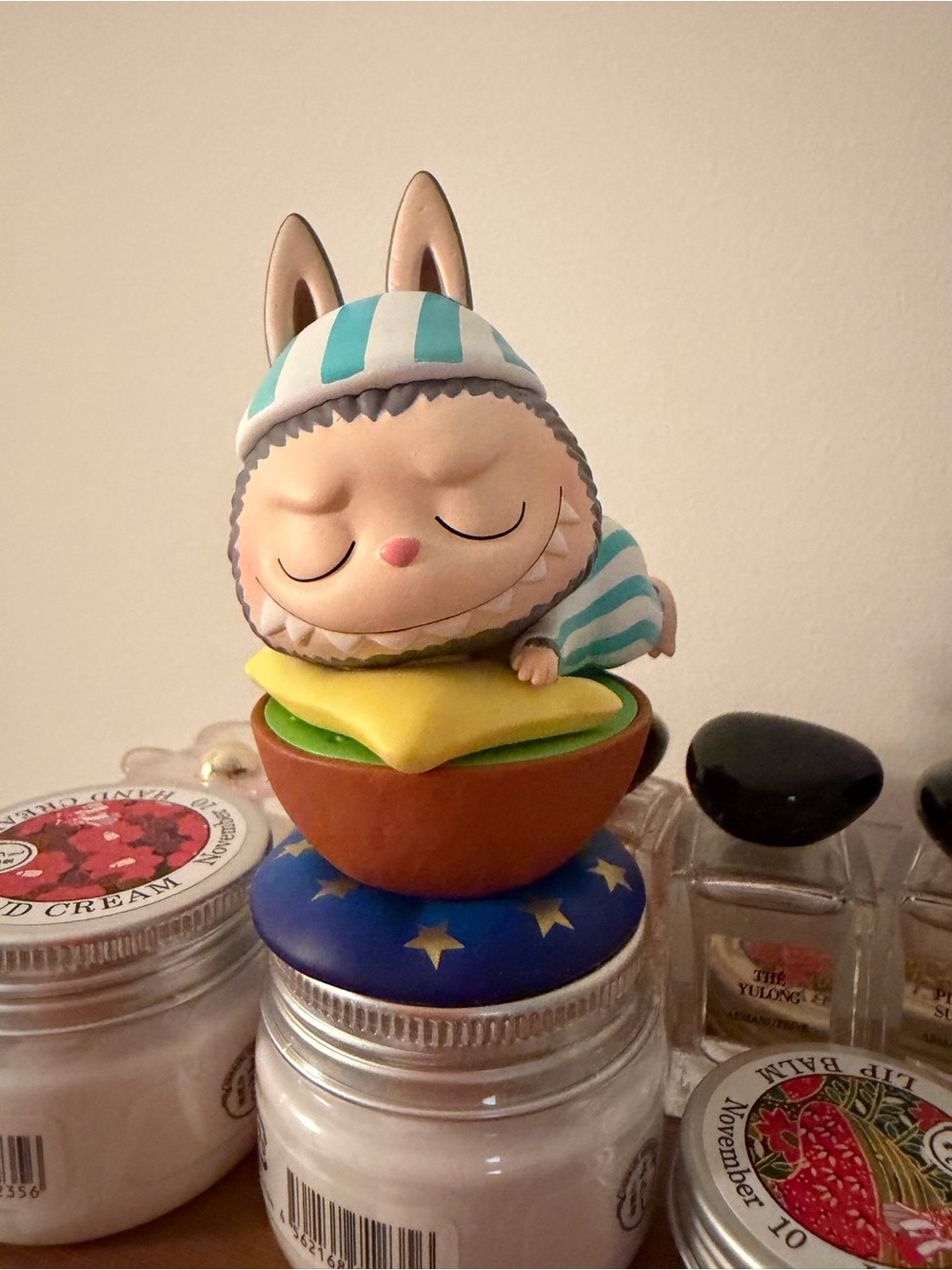 Sleeping Bunny Figurine Toy in Teal & Cream Stripes